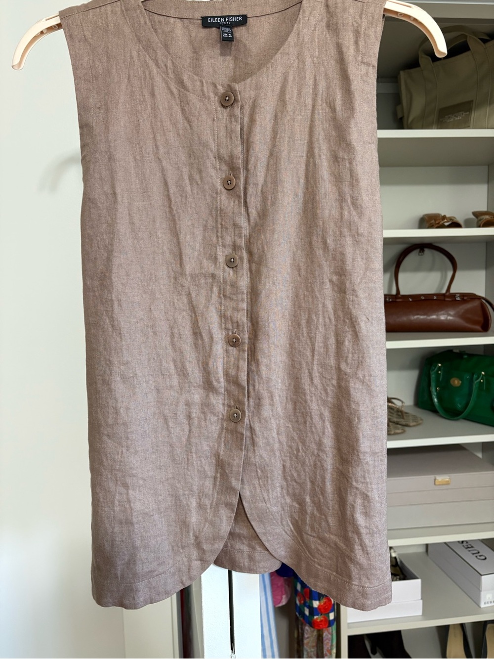 Eileen Fisher Taupe Button-Front 100% Linen Tie Back Sleeves Top